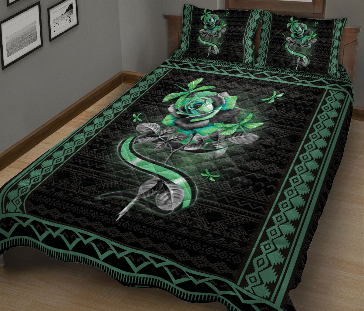 Dragonfly Quilt Set, Dragonfly Green Rose Flower Floral Dragonfly Quilt Blanket With Pillowcases, Quilt Bedding Set