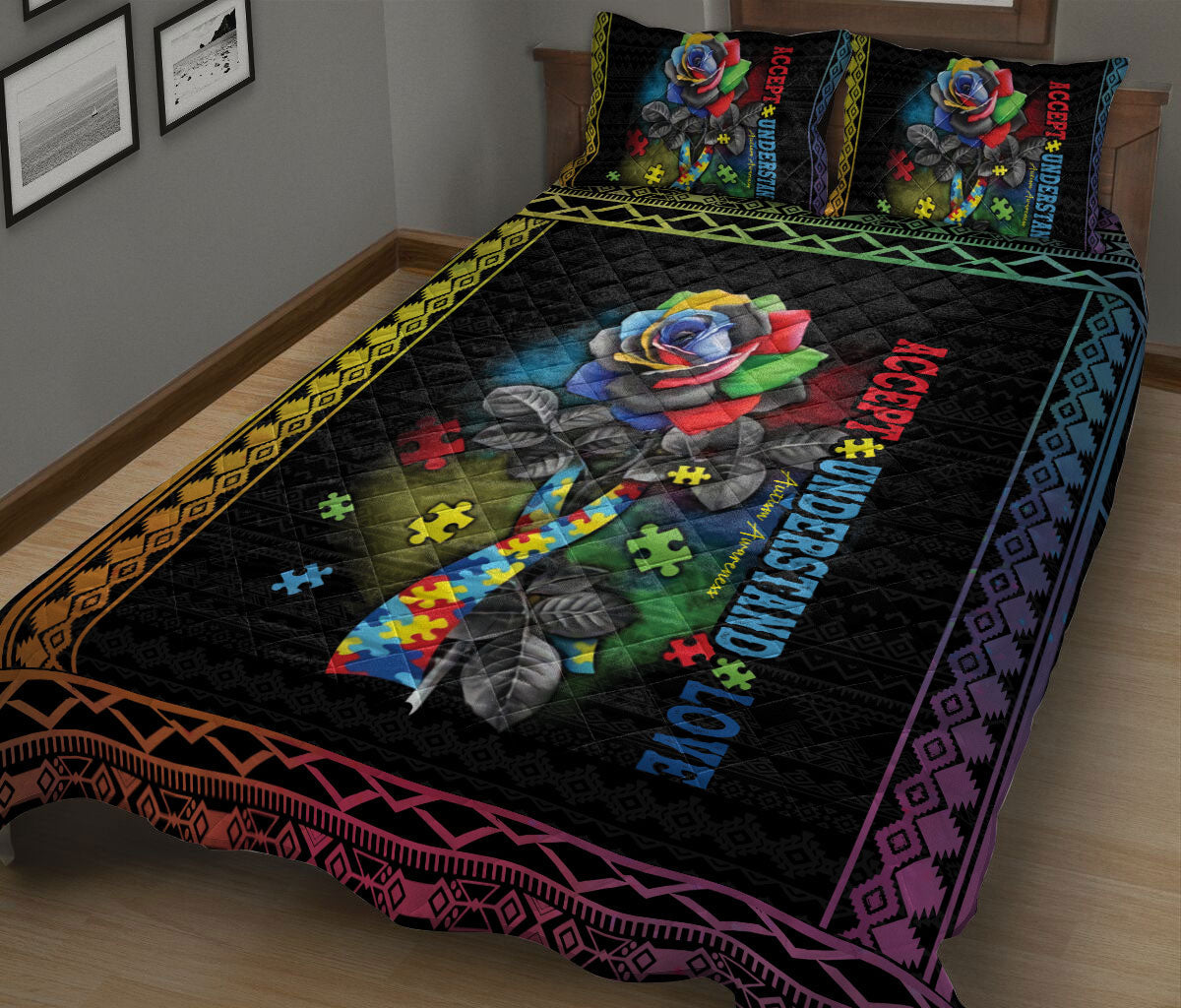 Autism Quilt Set, Autism Awareness Accept Understand Love Rose Flower Floral Quilt Blanket With Pillowcases, Quilt Bedding Set