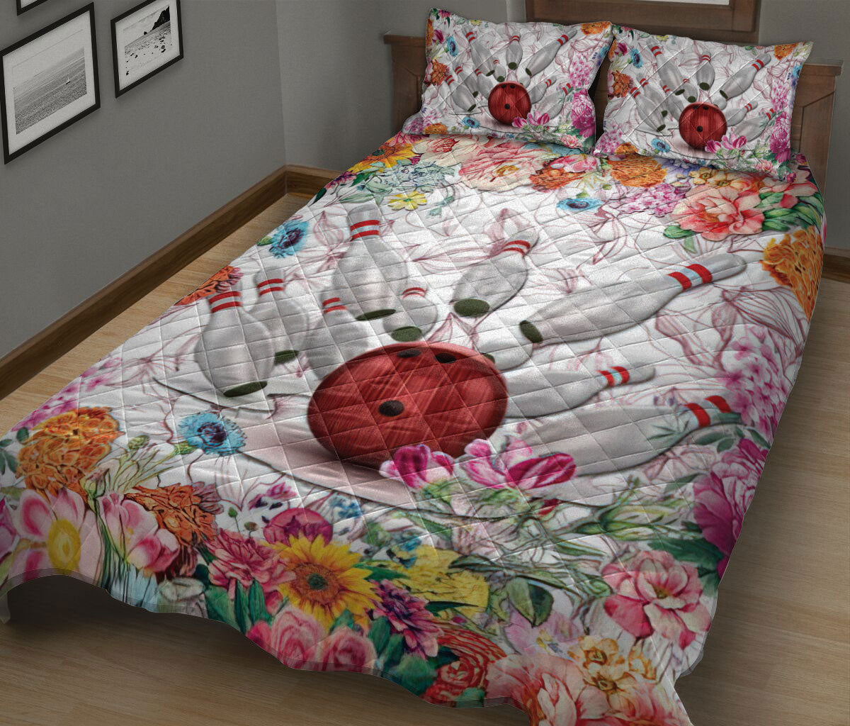 Bowling Quilt Set, Bowling Flower Floral Quilt Blanket With Pillowcases, Quilt Bedding Set