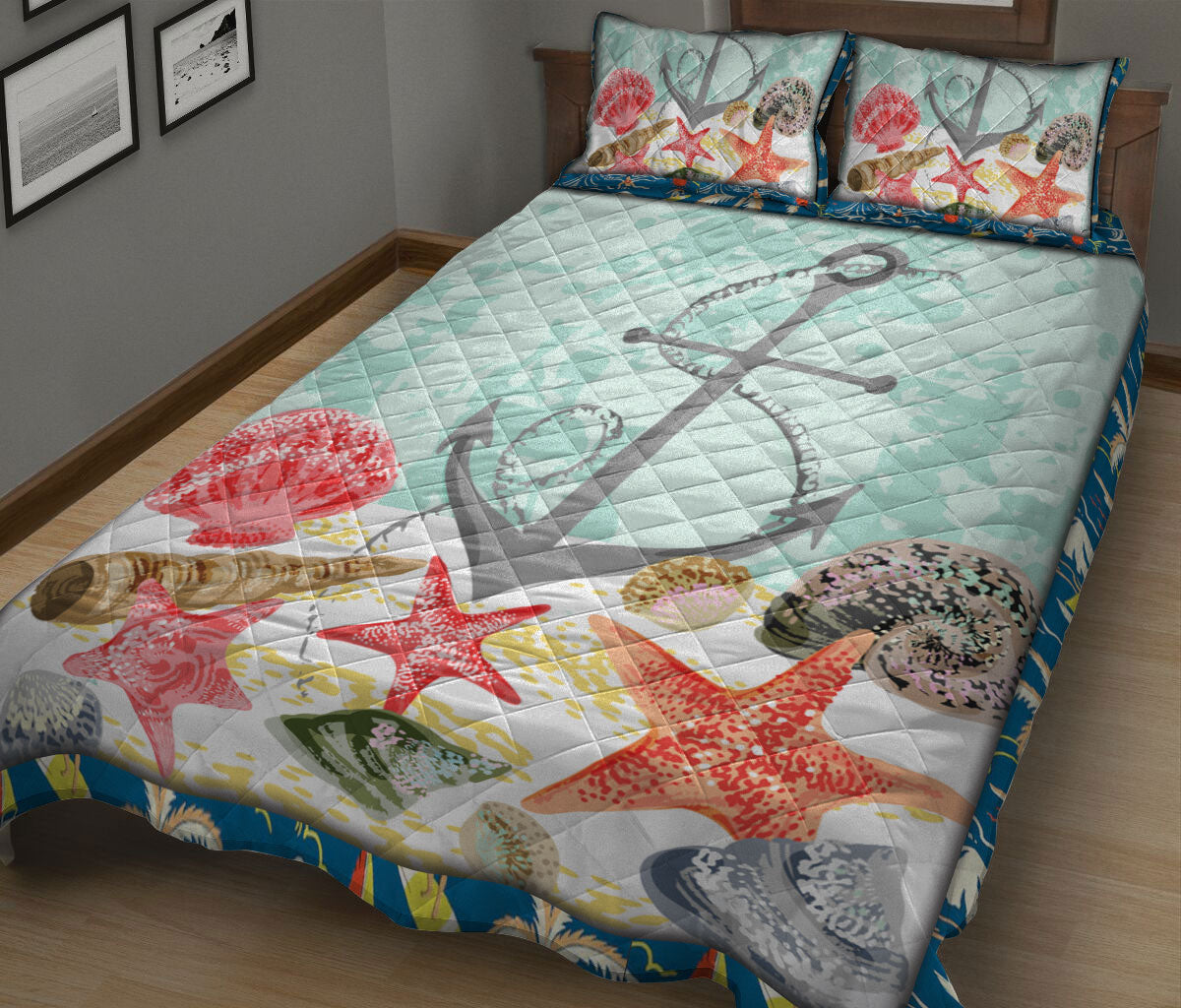 Anchor Quilt Set, Ocean Anchor Starfish Ocean Beach Sea Blue Quilt Blanket With Pillowcases, Quilt Bedding Set
