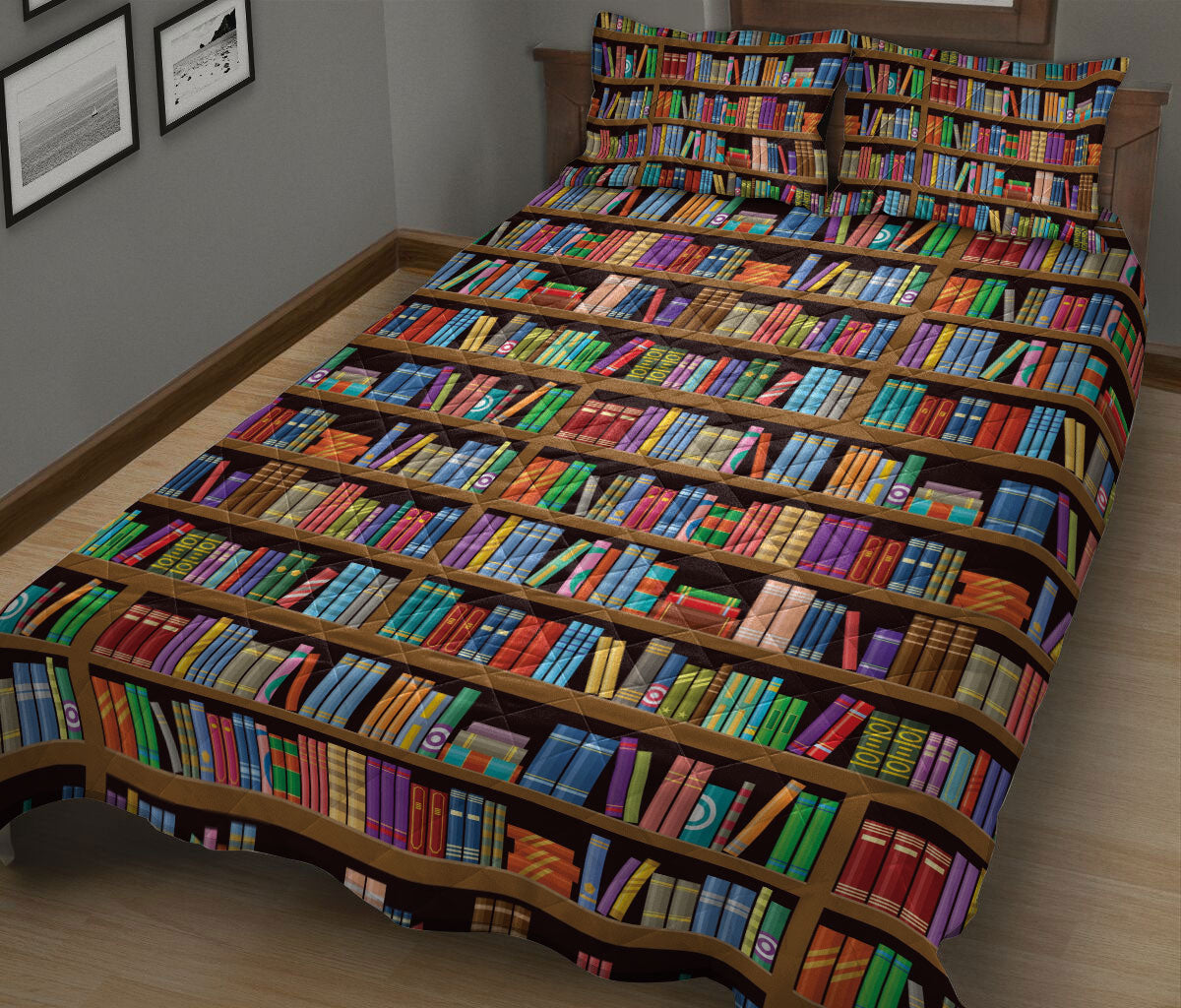 Book Quilt Set, Bookshelf Background Reading Books Book Quilt Blanket With Pillowcases, Quilt Bedding Set