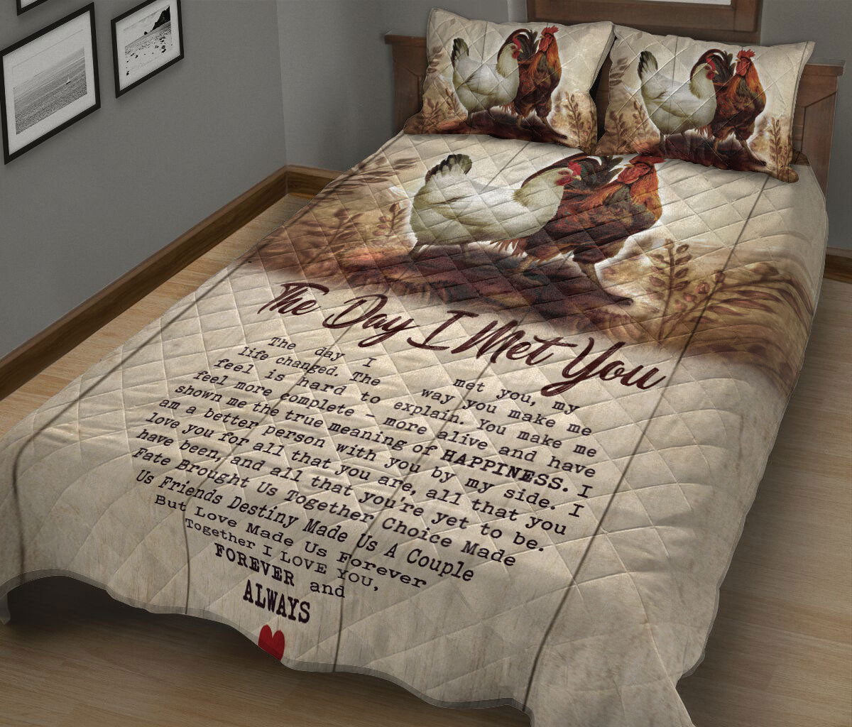 Chicken Quilt Set, Chicken The Day I Met You Couple H Usband & Wife Farm Quilt Blanket With Pillowcases, Quilt Bedding Set