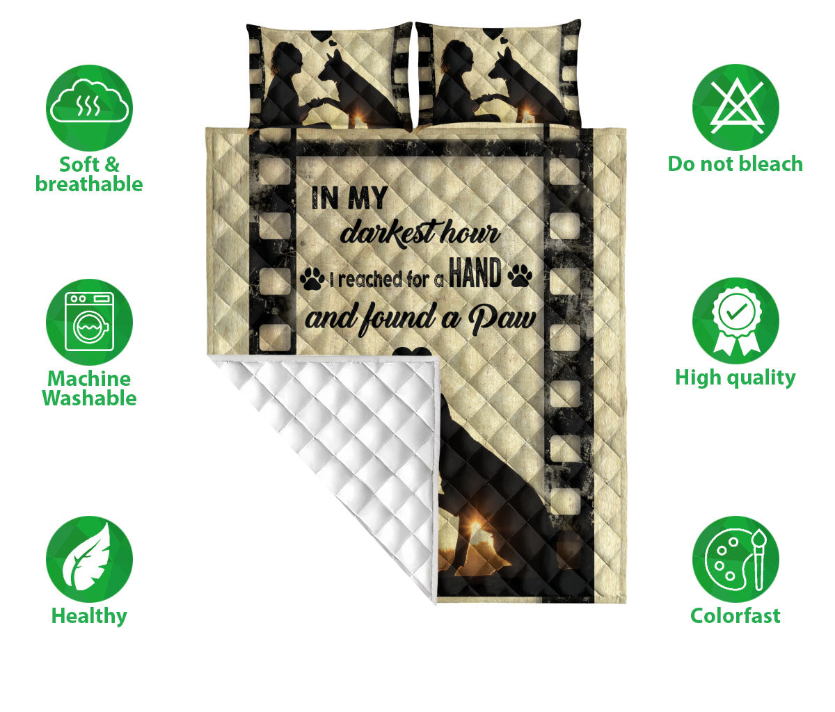 German Shepherd Quilt Set, German Shepherd Dog In My Darkest Hour I Reached A Hand And Found A Paw Quilt Blanket With Pillowcases, Quilt Bedding Set