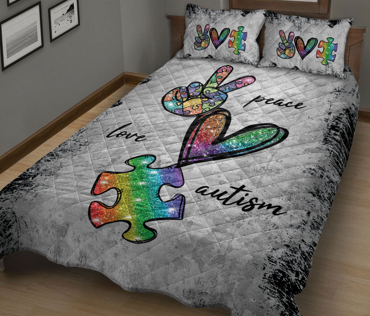 Autism Quilt Set, Autism Awareness Peace Love Autism Support Grey Quilt Blanket With Pillowcases, Quilt Bedding Set
