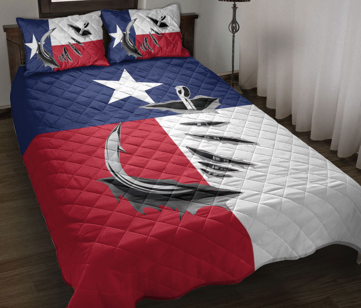 Fishing Quilt Set, Fishing Hook Big Bass Fish Texas Flag Quilt Blanket With Pillowcases, Quilt Bedding Set