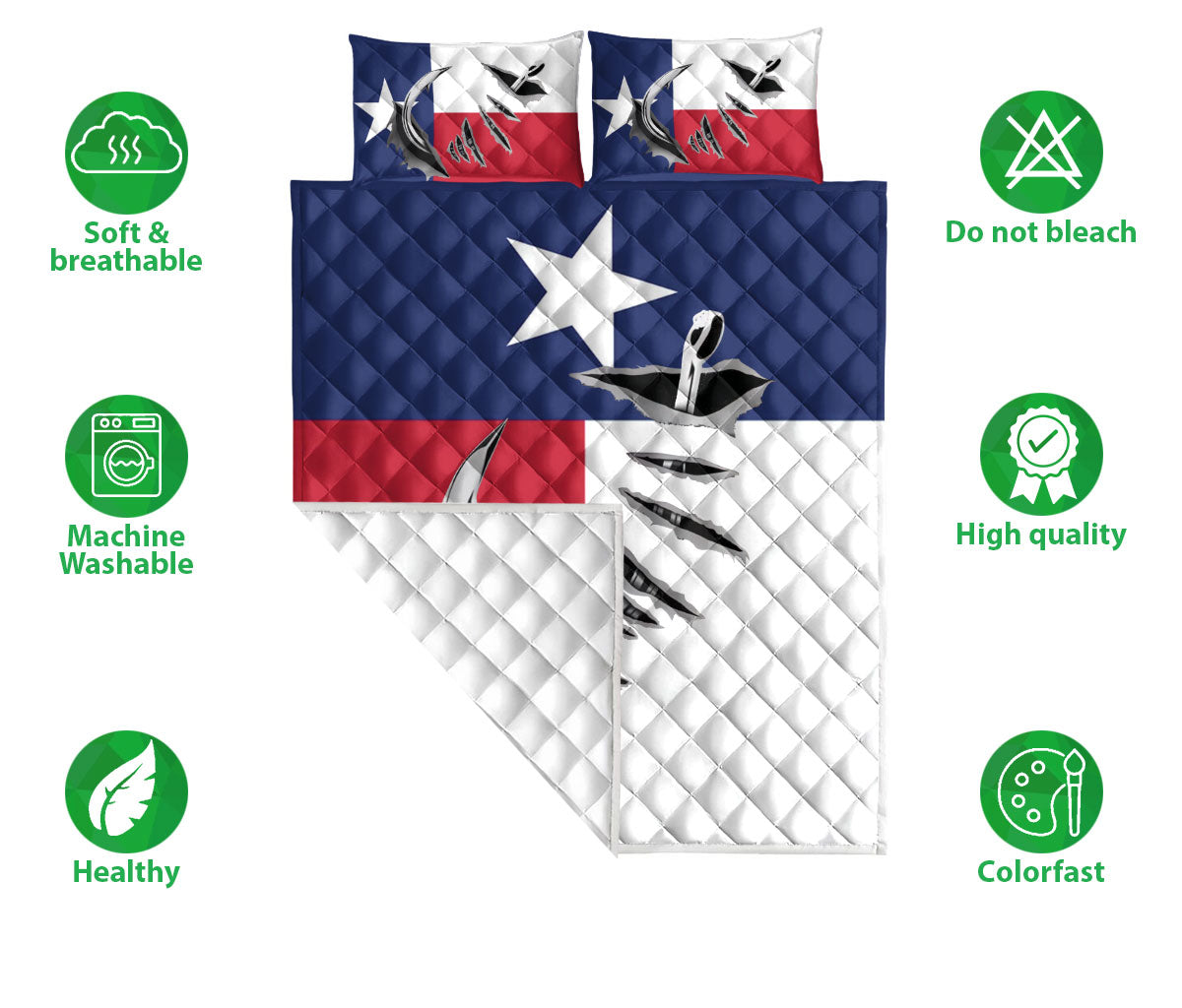 Fishing Quilt Set, Fishing Hook Big Bass Fish Texas Flag Quilt Blanket With Pillowcases, Quilt Bedding Set