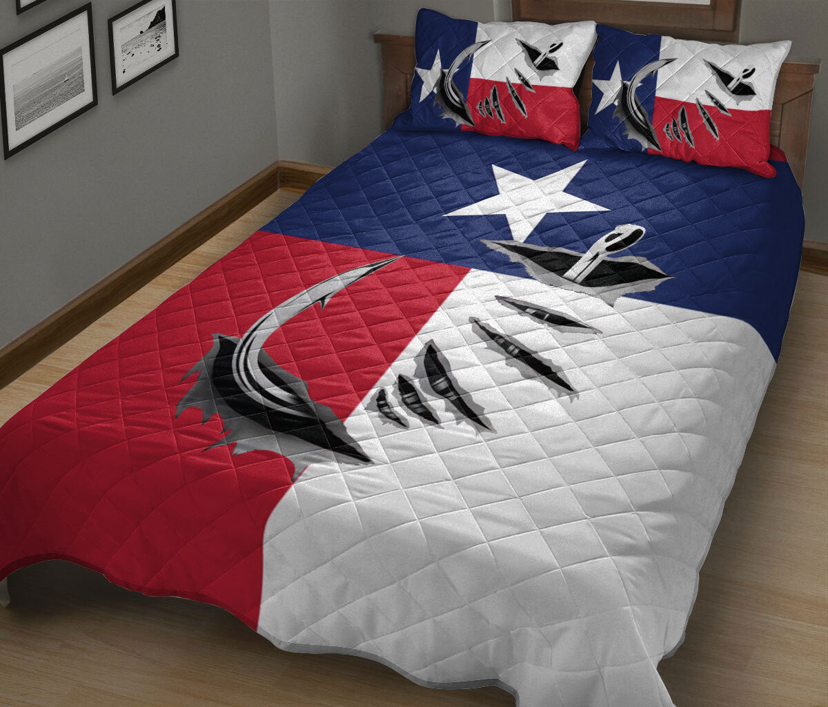 Fishing Quilt Set, Fishing Hook Big Bass Fish Texas Flag Quilt Blanket With Pillowcases, Quilt Bedding Set