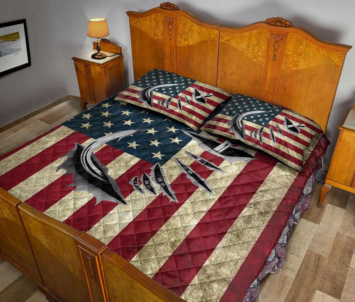 Fishing Quilt Set, Fishing Hook Us Flag Patriotic Quilt Blanket With Pillowcases, Quilt Bedding Set