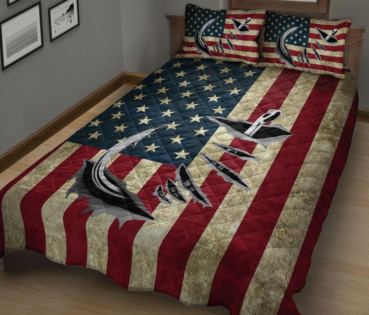 Fishing Quilt Set, Fishing Hook Us Flag Patriotic Quilt Blanket With Pillowcases, Quilt Bedding Set