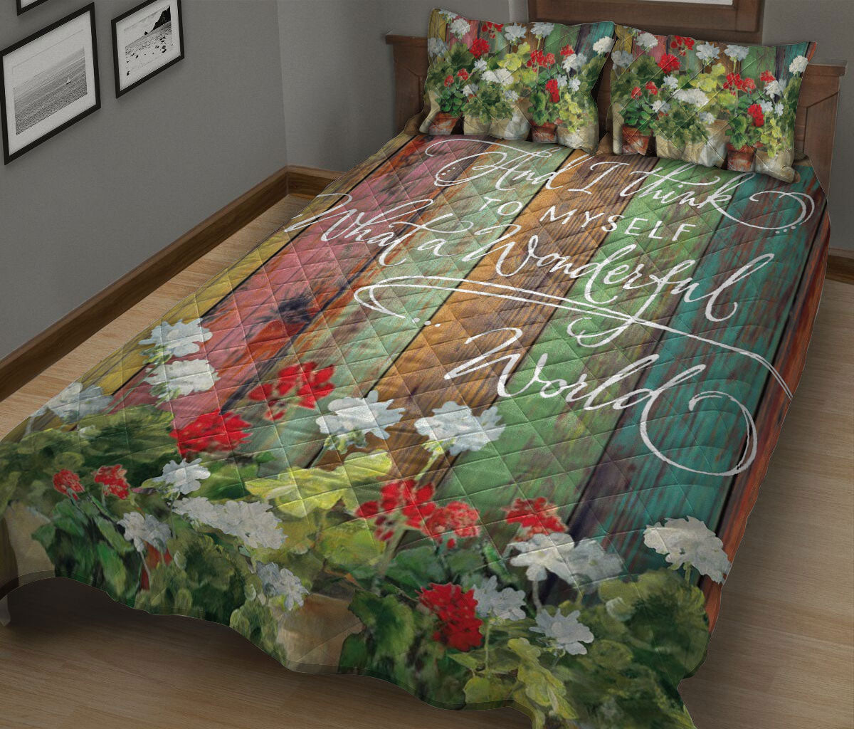 Garden Quilt Set, I Think To Myself What Wonderful World Garden Flower Floral Quilt Blanket With Pillowcases, Quilt Bedding Set