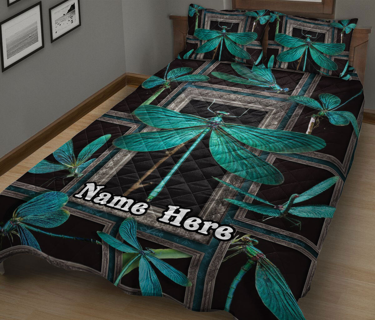 Personalized Dragonfly Quilt Set, Turquoise Dragonfly Frame Patchwork Floral Quilt Blanket With Pillowcases, Custom Name Quilt Bedding Set