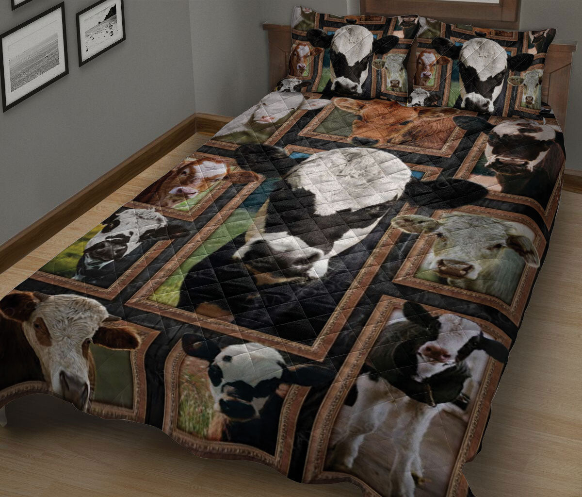 Cattle Quilt Set, Cute Cows Cattle Frame Patchwork Floral Farm Quilt Blanket With Pillowcases, Quilt Bedding Set