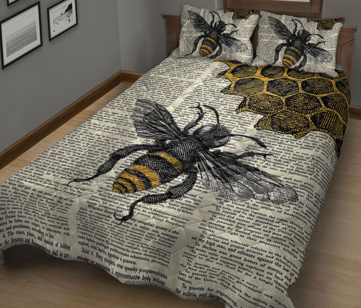 Bee Quilt Set, Bee Dictionary Page Honey Bee Quilt Blanket With Pillowcases, Quilt Bedding Set