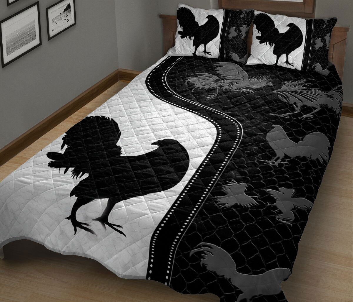 Chicken Quilt Set, Chicken Rooster Black & White Farm Quilt Blanket With Pillowcases, Quilt Bedding Set