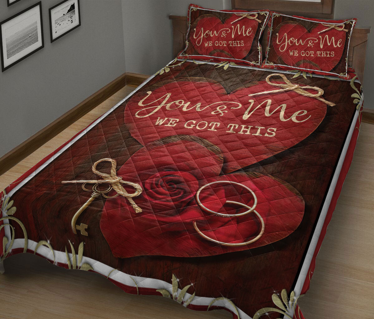 Couple Quilt Set, You & Me We Got This Red Heart Anniversary Couple H Usband & Wife Quilt Blanket With Pillowcases, Quilt Bedding Set
