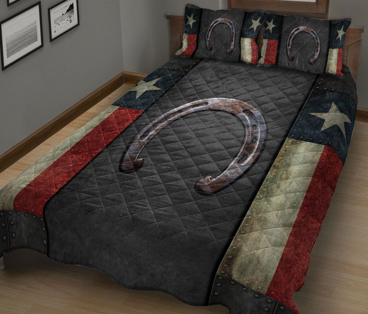 Cowboy Quilt Set, Western Texas Horseshoe Wild West Cowboy Cowgirl Texas Flag Black Quilt Blanket With Pillowcases, Quilt Bedding Set