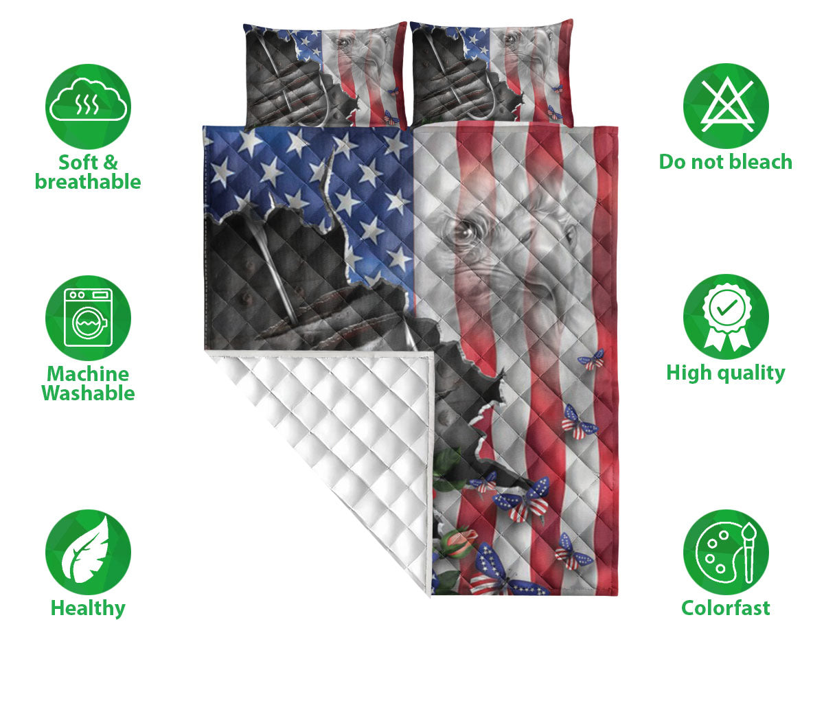 Fishing Quilt Set, Fishing Proud Nation Patriotic American Us Flag Floral Quilt Blanket With Pillowcases, Quilt Bedding Set, July 4th Gift