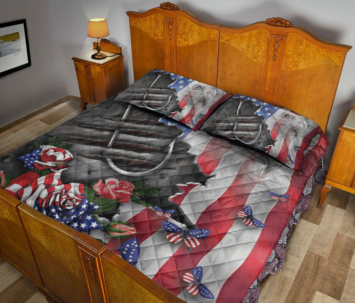 Fishing Quilt Set, Fishing Proud Nation Patriotic American Us Flag Floral Quilt Blanket With Pillowcases, Quilt Bedding Set, July 4th Gift