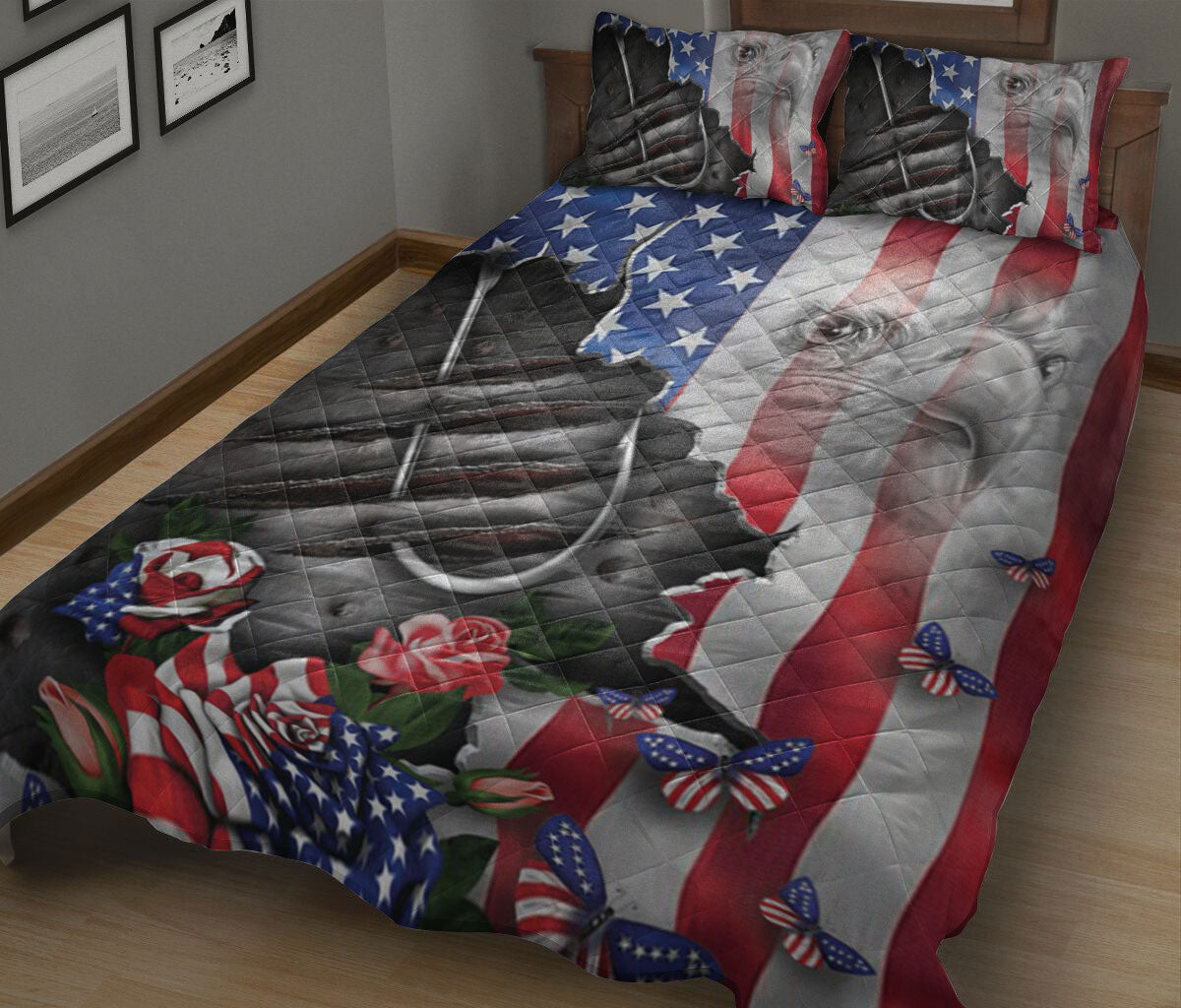 Fishing Quilt Set, Fishing Proud Nation Patriotic American Us Flag Floral Quilt Blanket With Pillowcases, Quilt Bedding Set, July 4th Gift