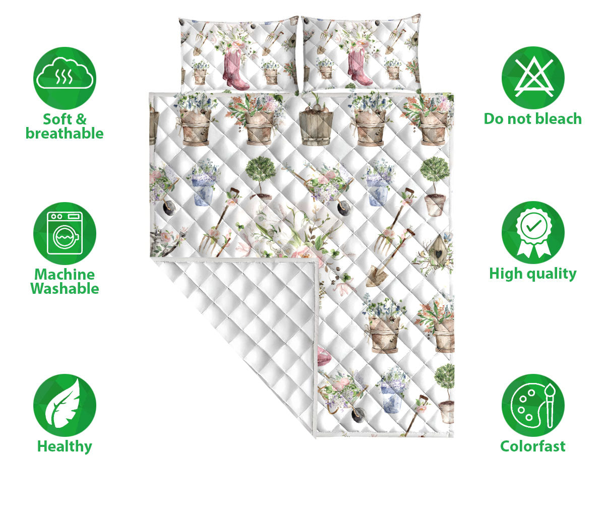 Gardening Quilt Set, Love Gardening Pink Boots Gardening Floral Quilt Blanket With Pillowcases, Quilt Bedding Set