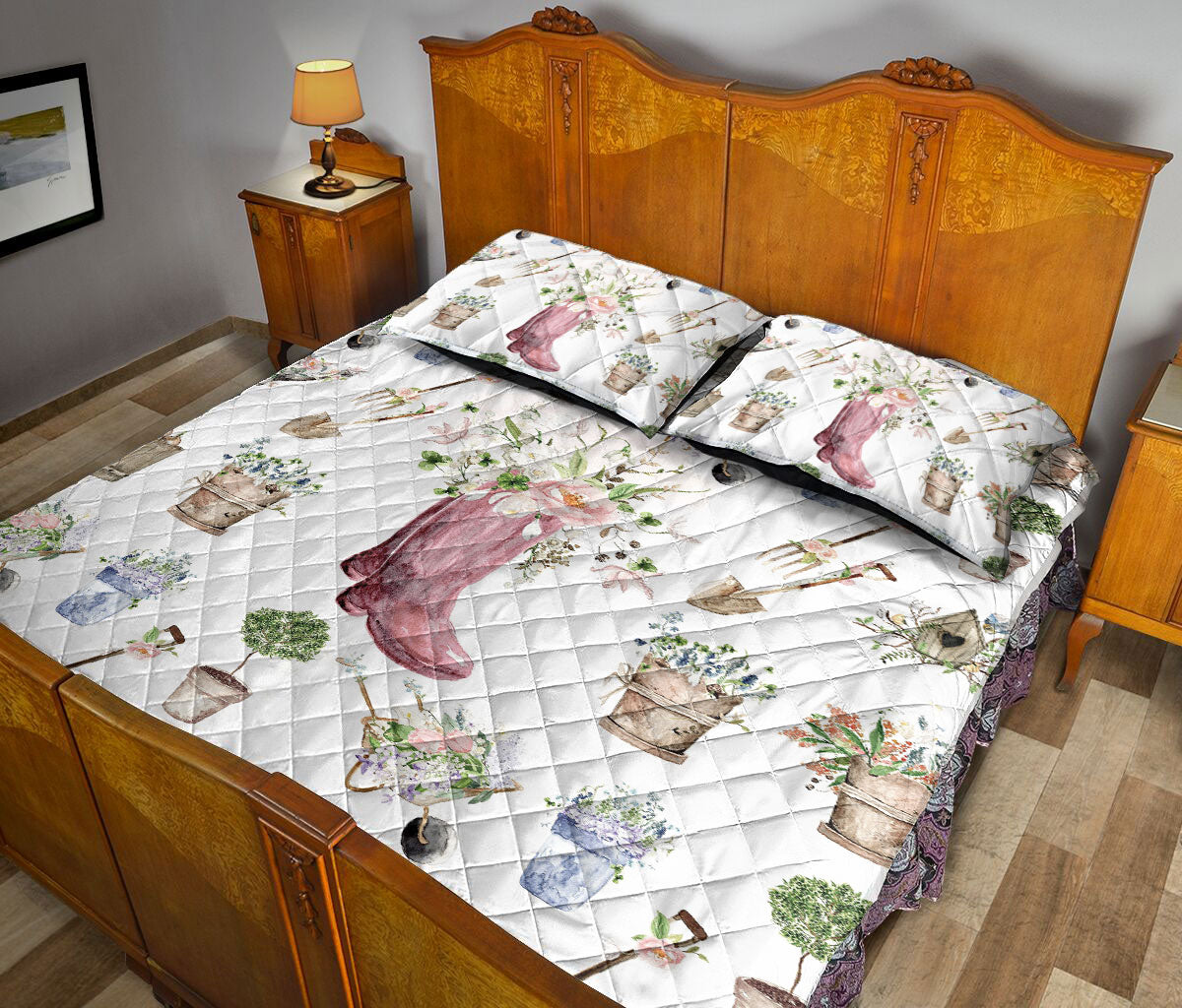 Gardening Quilt Set, Love Gardening Pink Boots Gardening Floral Quilt Blanket With Pillowcases, Quilt Bedding Set