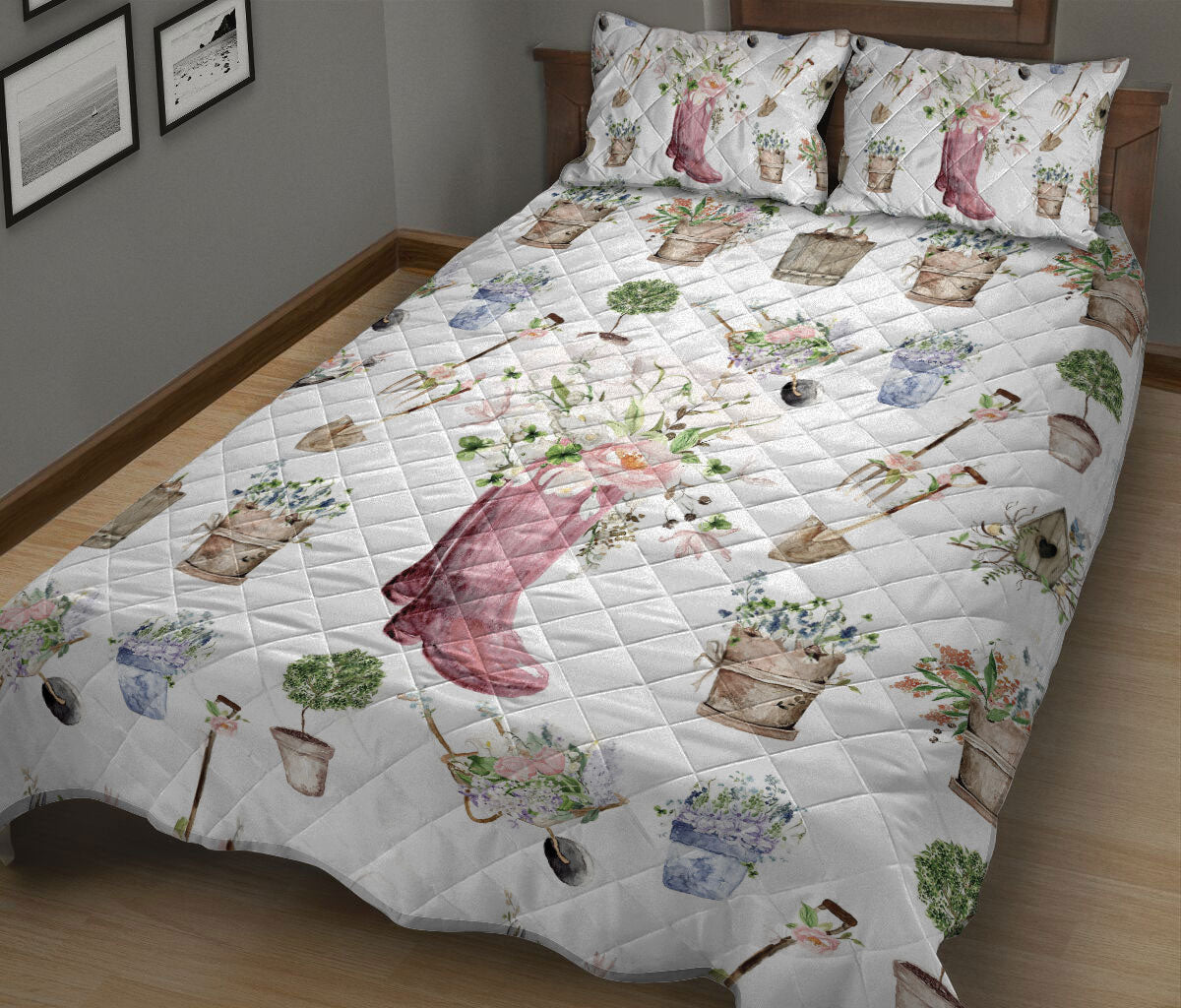 Gardening Quilt Set, Love Gardening Pink Boots Gardening Floral Quilt Blanket With Pillowcases, Quilt Bedding Set