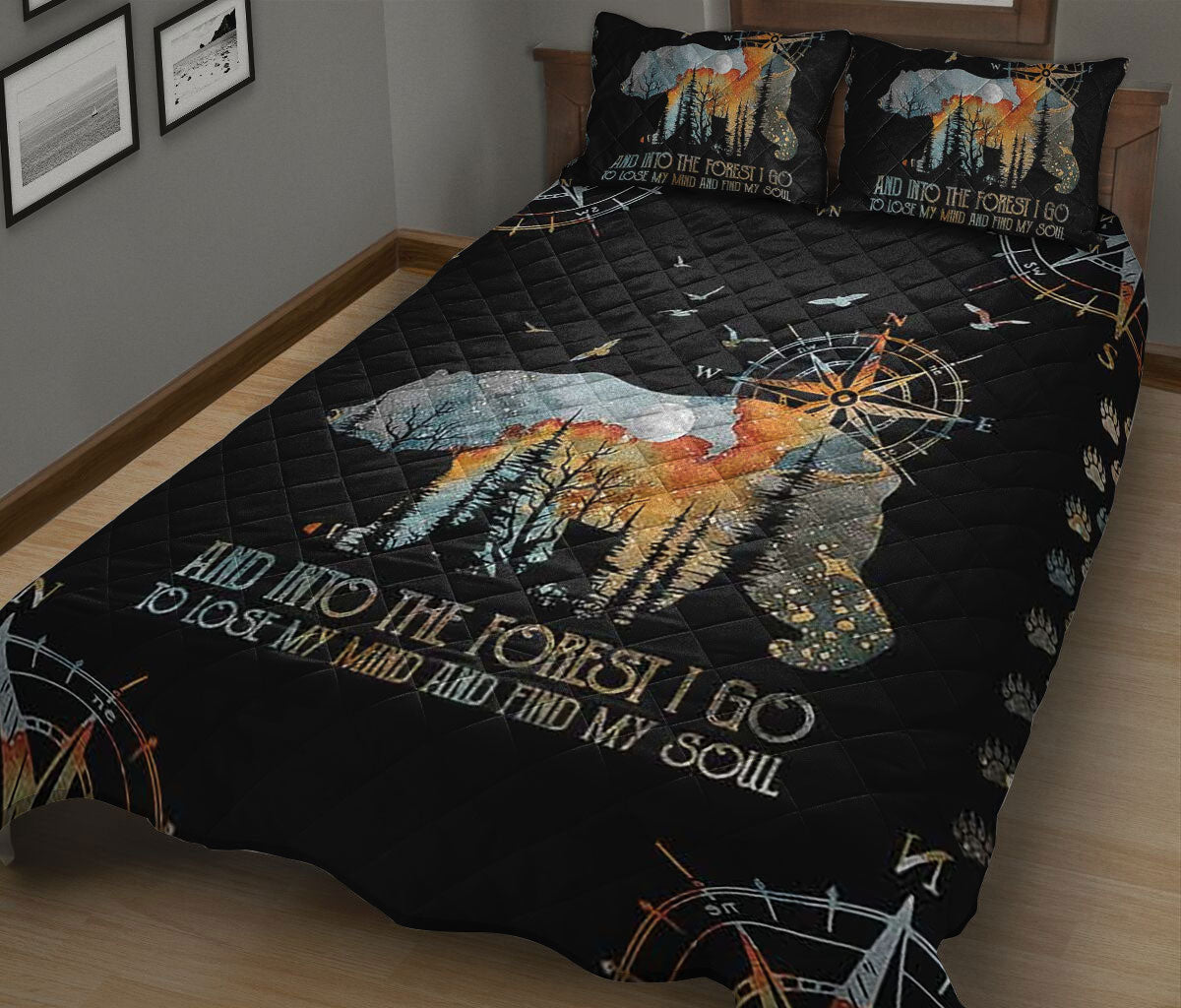 Camping Quilt Set, Camping Bear And Into Theest I Go Earth Color Quilt Blanket With Pillowcases, Quilt Bedding Set