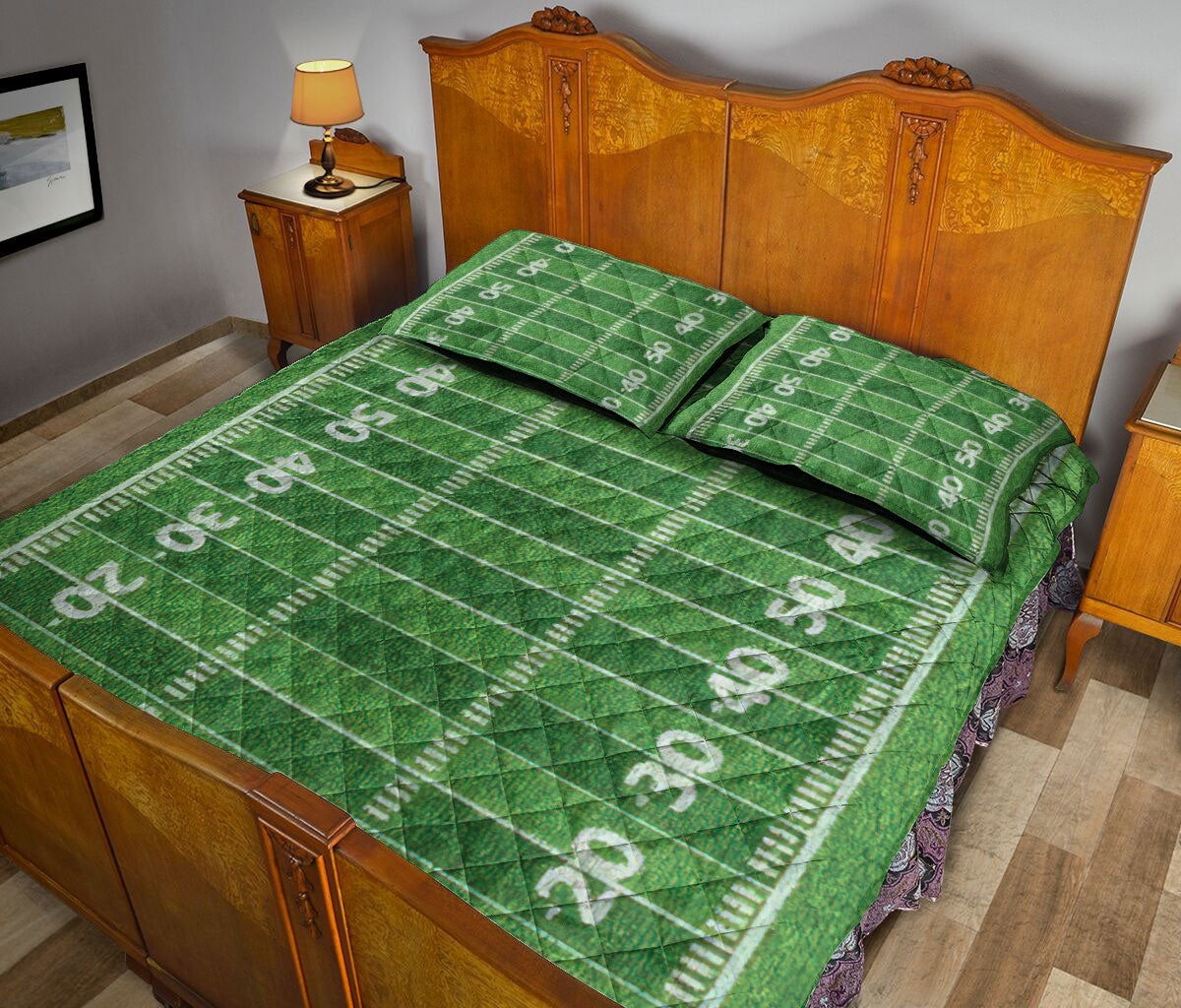 Football Quilt Set, American Football Field Green Men Women Kid Quilt Blanket With Pillowcases, Quilt Bedding Set