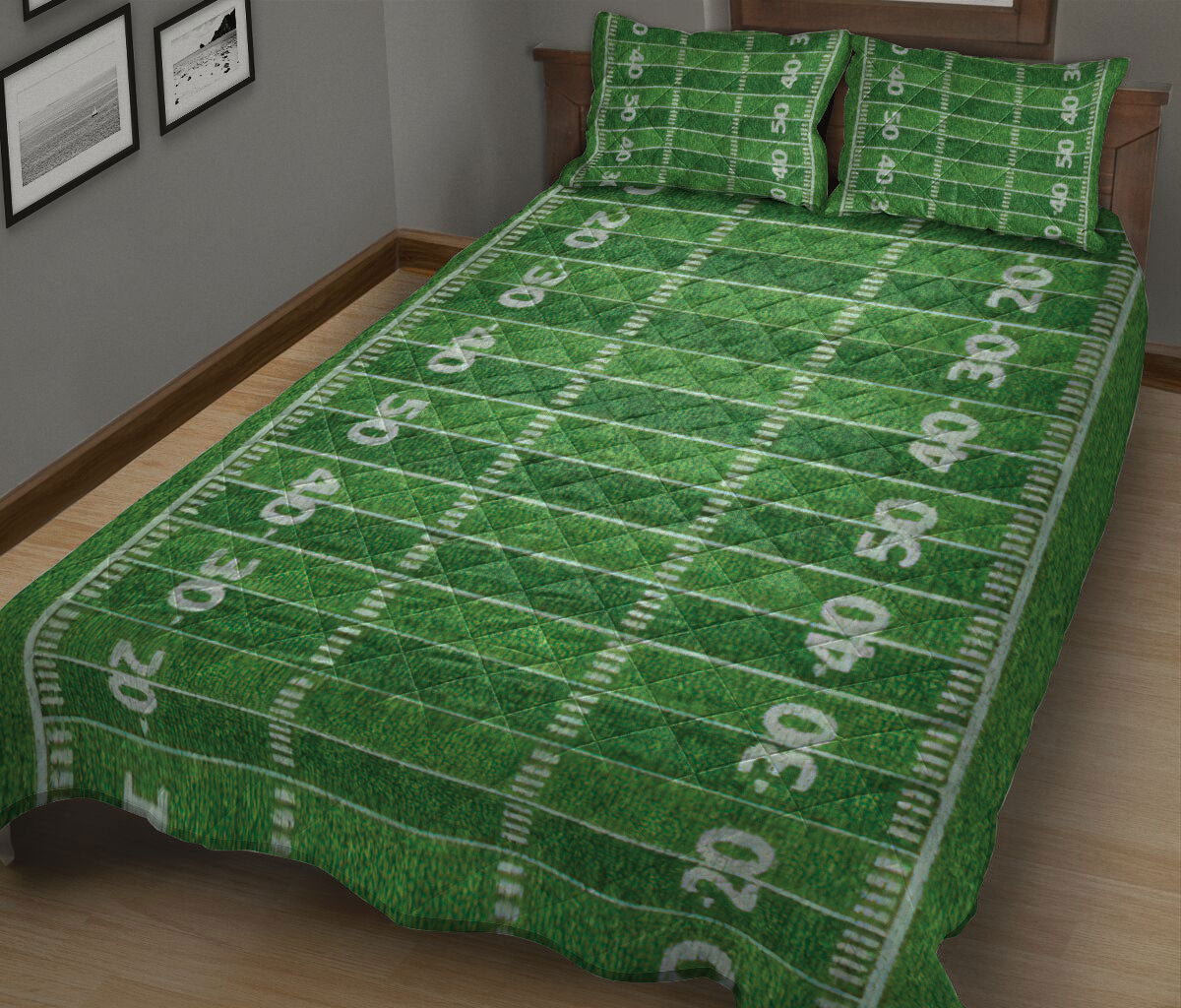 Football Quilt Set, American Football Field Green Men Women Kid Quilt Blanket With Pillowcases, Quilt Bedding Set