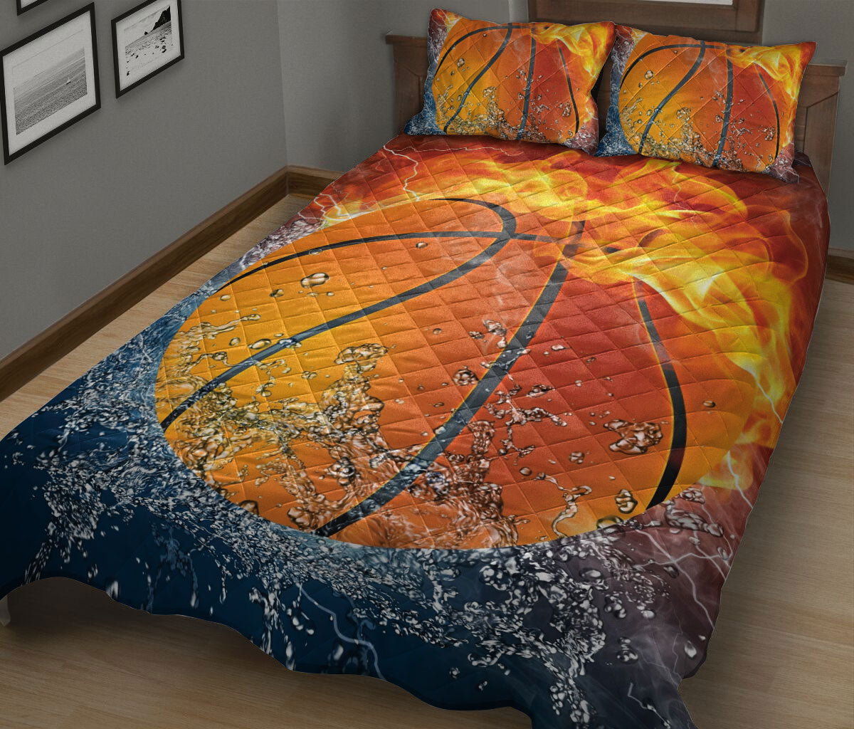 Basketball Quilt Set, Basketball Ball Fire & Water Men Women Kids Quilt Blanket With Pillowcases, Quilt Bedding Set