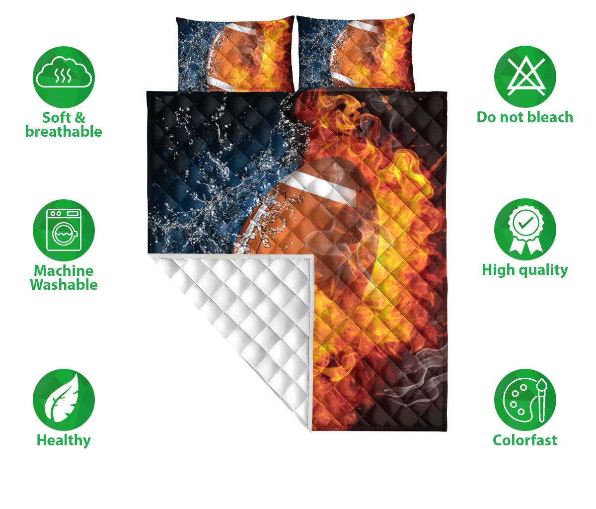 Football Quilt Set, American Football Ball Fire & Water Red & Blue Quilt Blanket With Pillowcases, Quilt Bedding Set