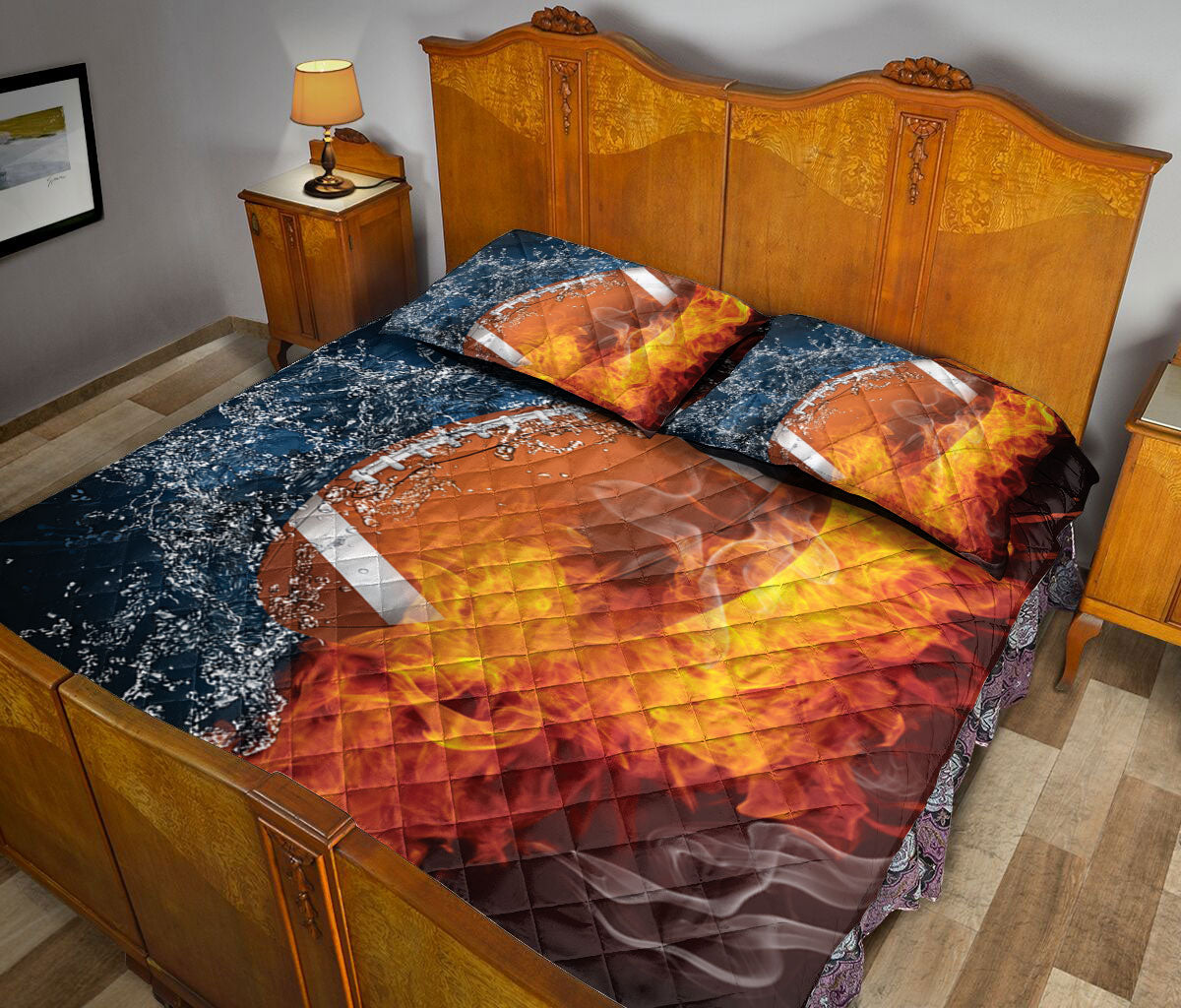 Football Quilt Set, American Football Ball Fire & Water Red & Blue Quilt Blanket With Pillowcases, Quilt Bedding Set