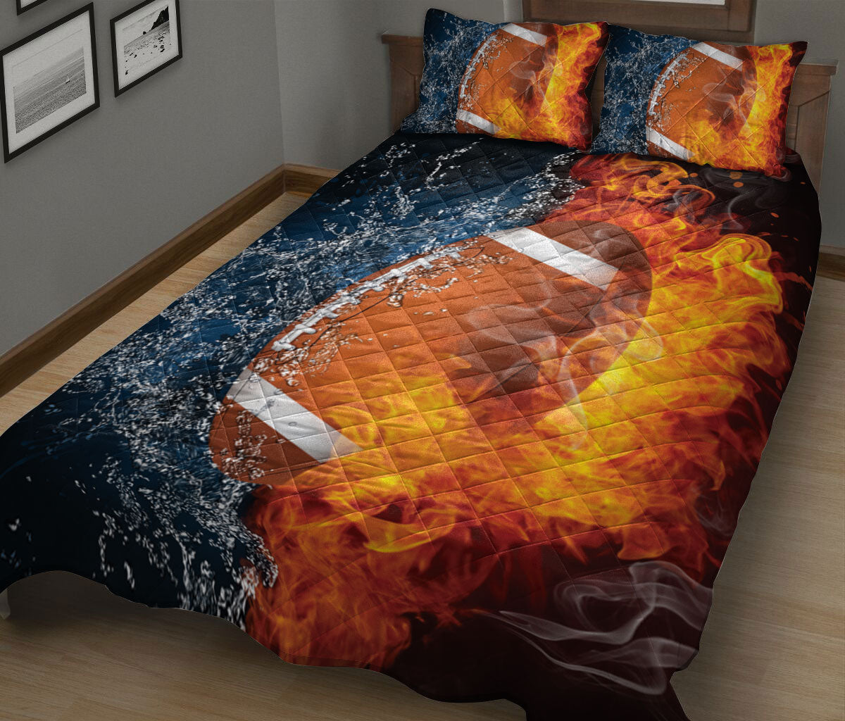 Football Quilt Set, American Football Ball Fire & Water Red & Blue Quilt Blanket With Pillowcases, Quilt Bedding Set