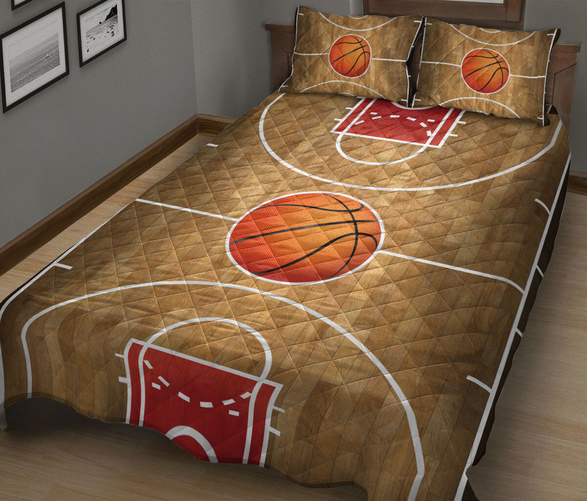 Basketball Quilt Set, Basketball Ball Court Basketball Women Men Kids Quilt Blanket With Pillowcases, Quilt Bedding Set