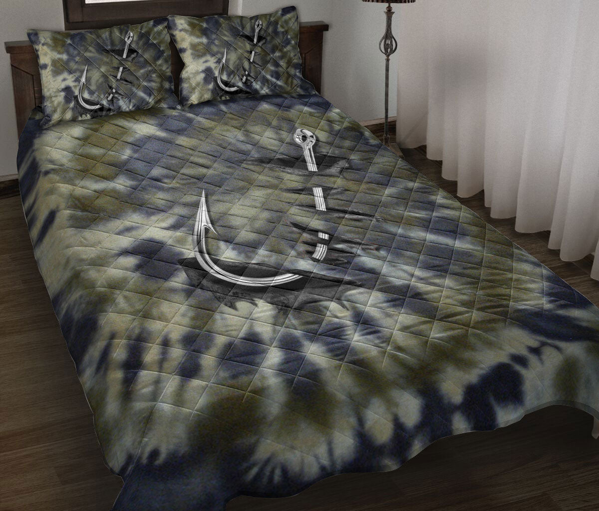 Fishing Quilt Set, Fishing Hook Dark Green Quilt Blanket With Pillowcases, Quilt Bedding Set