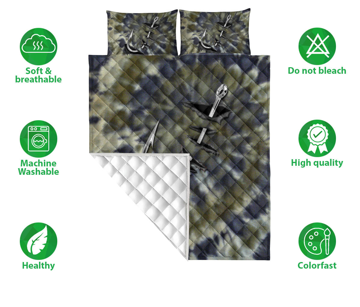 Fishing Quilt Set, Fishing Hook Dark Green Quilt Blanket With Pillowcases, Quilt Bedding Set