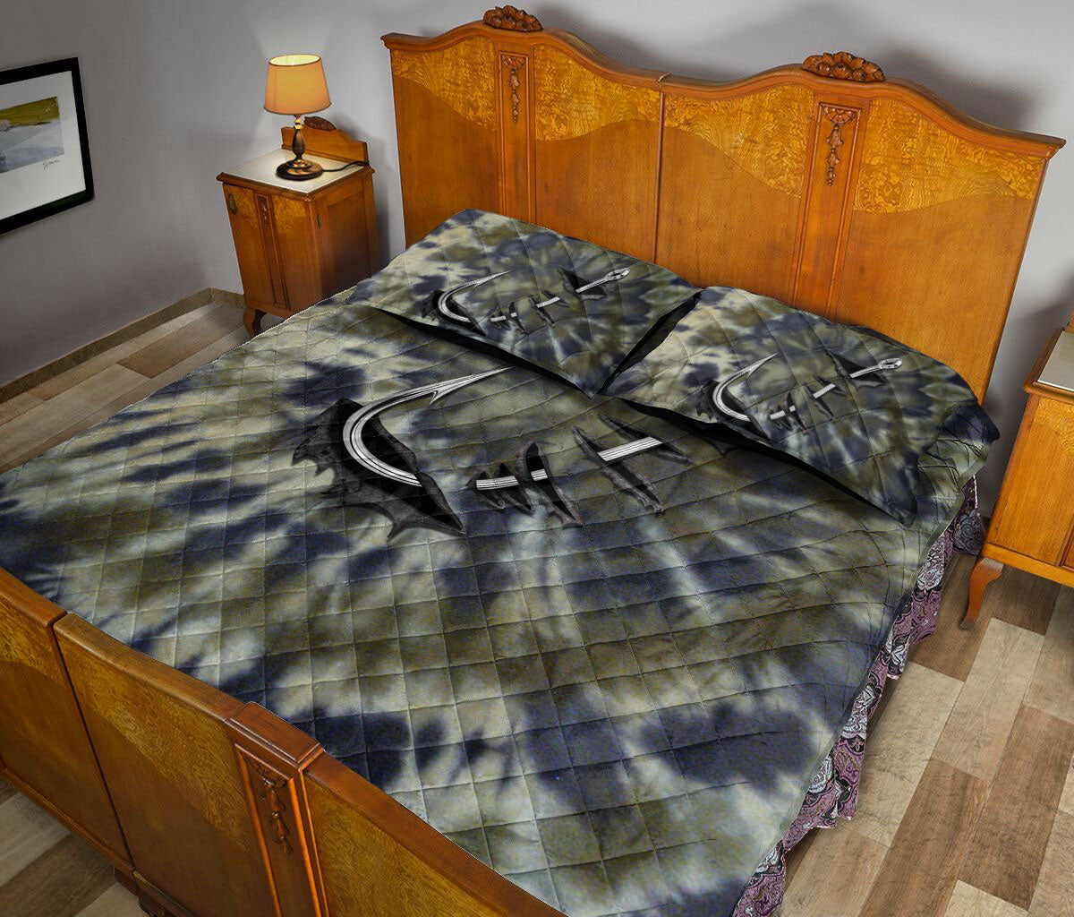 Fishing Quilt Set, Fishing Hook Dark Green Quilt Blanket With Pillowcases, Quilt Bedding Set