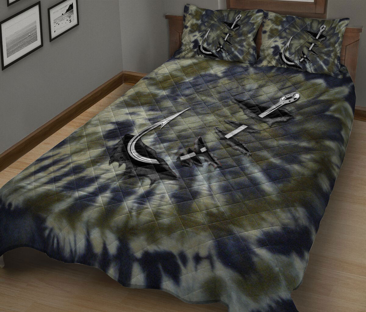 Fishing Quilt Set, Fishing Hook Dark Green Quilt Blanket With Pillowcases, Quilt Bedding Set