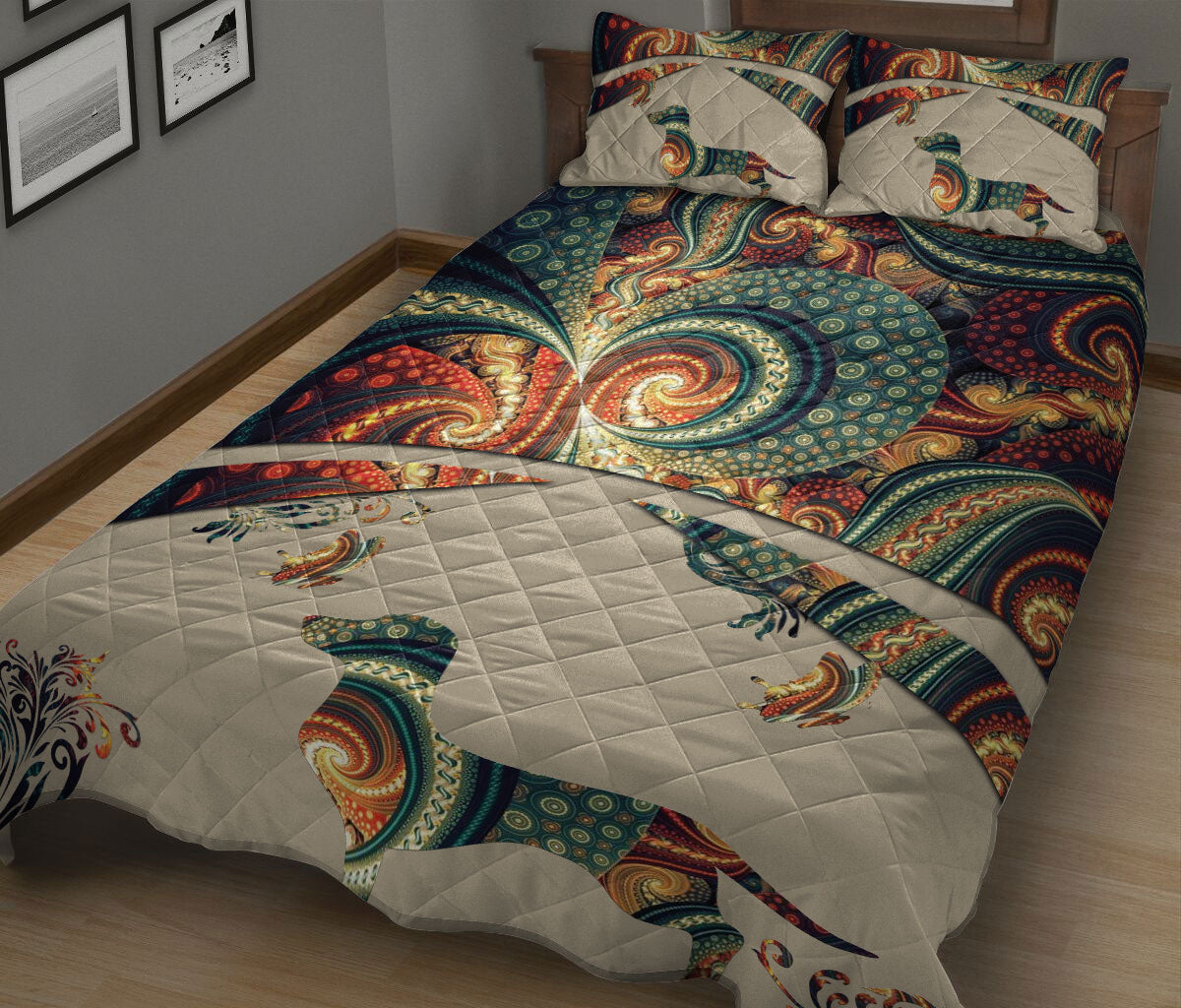 Dachshund Quilt Set, Dachshund Weiner Doxie Dog Mandala Flower Floral Quilt Blanket With Pillowcases, Quilt Bedding Set