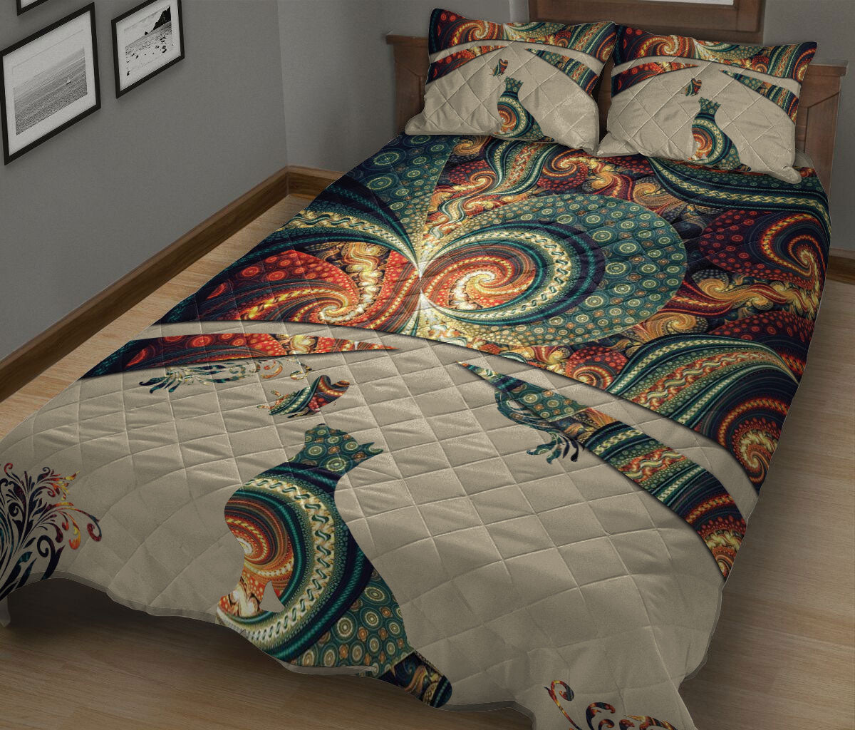 Cat Quilt Set, Cat Cats Mandala Flower Floral Bohemian Quilt Blanket With Pillowcases, Quilt Bedding Set
