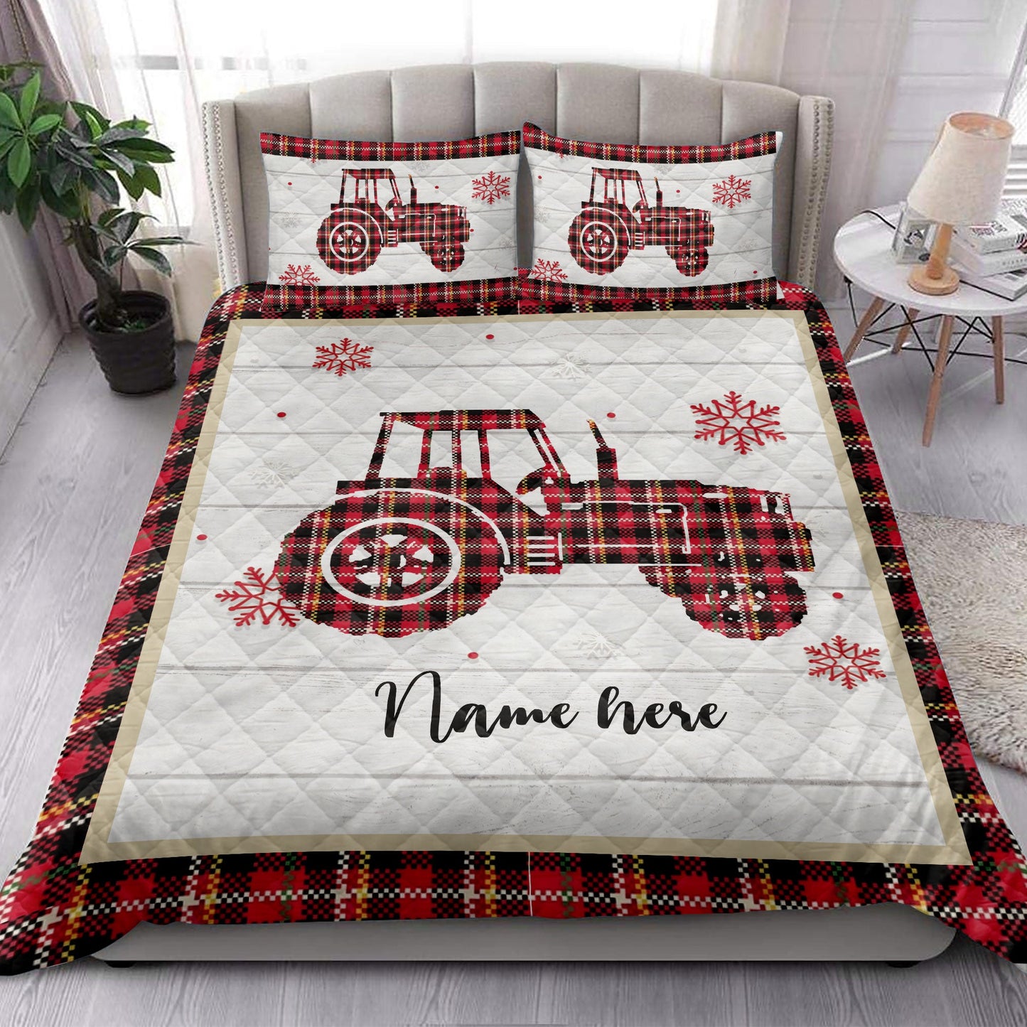 Personalized Tractor Quilt Set, Christmas Tractor Snowflake Red Plaid Quilt Blanket With Pillowcases, Custom Name Quilt Bedding Set, Christmas Gift