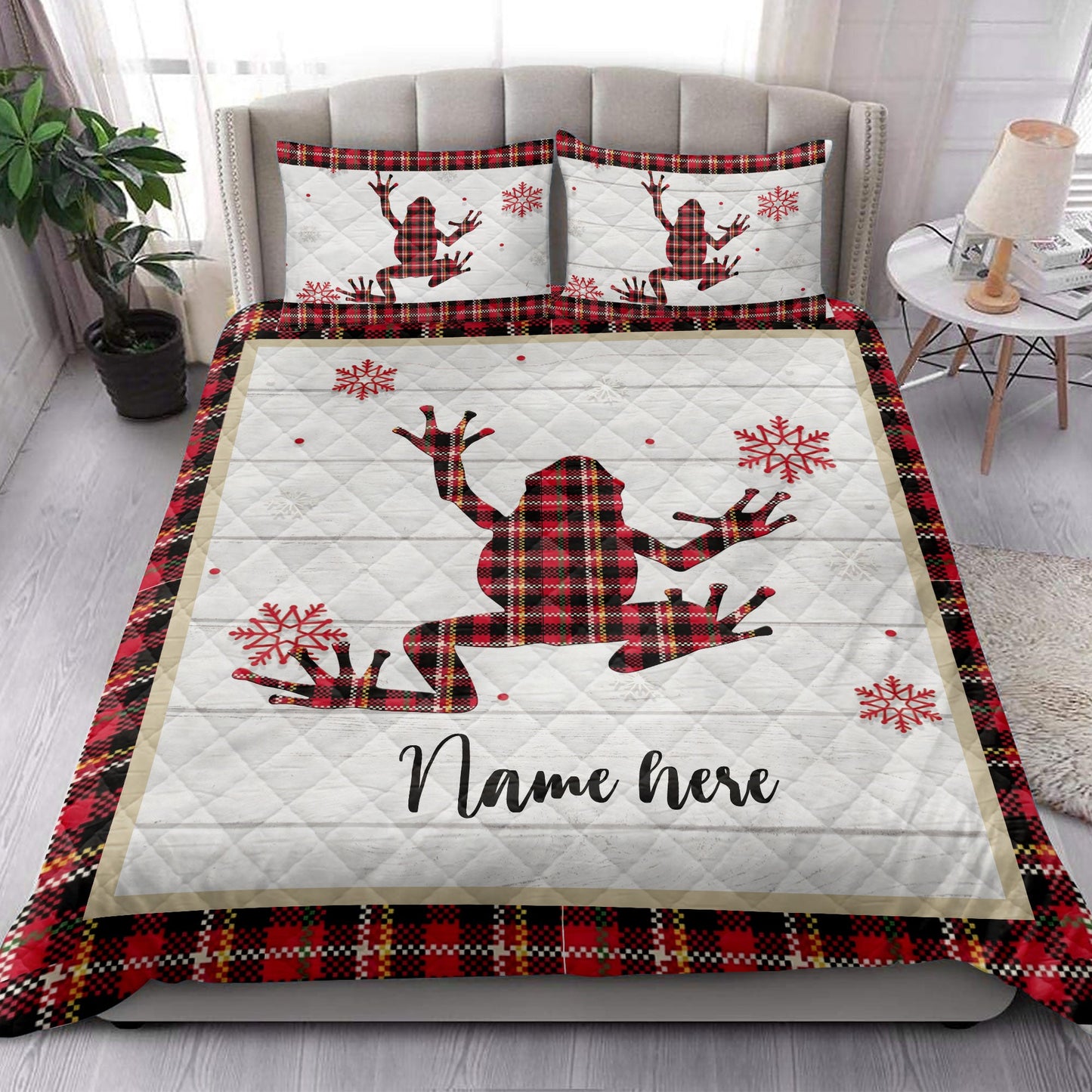Personalized Frog Quilt Set, Christmas Frog Snowflake Red Plaid Quilt Blanket With Pillowcases, Custom Name Quilt Bedding Set, Christmas Gift