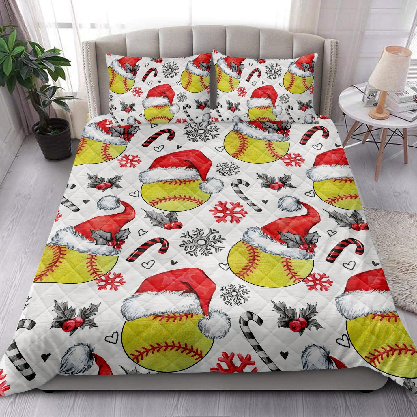 Softball Quilt Set, Softballmas Hat With Snowflake Candy Quilt Blanket With Pillowcases, Quilt Bedding Set, Christmas Gift