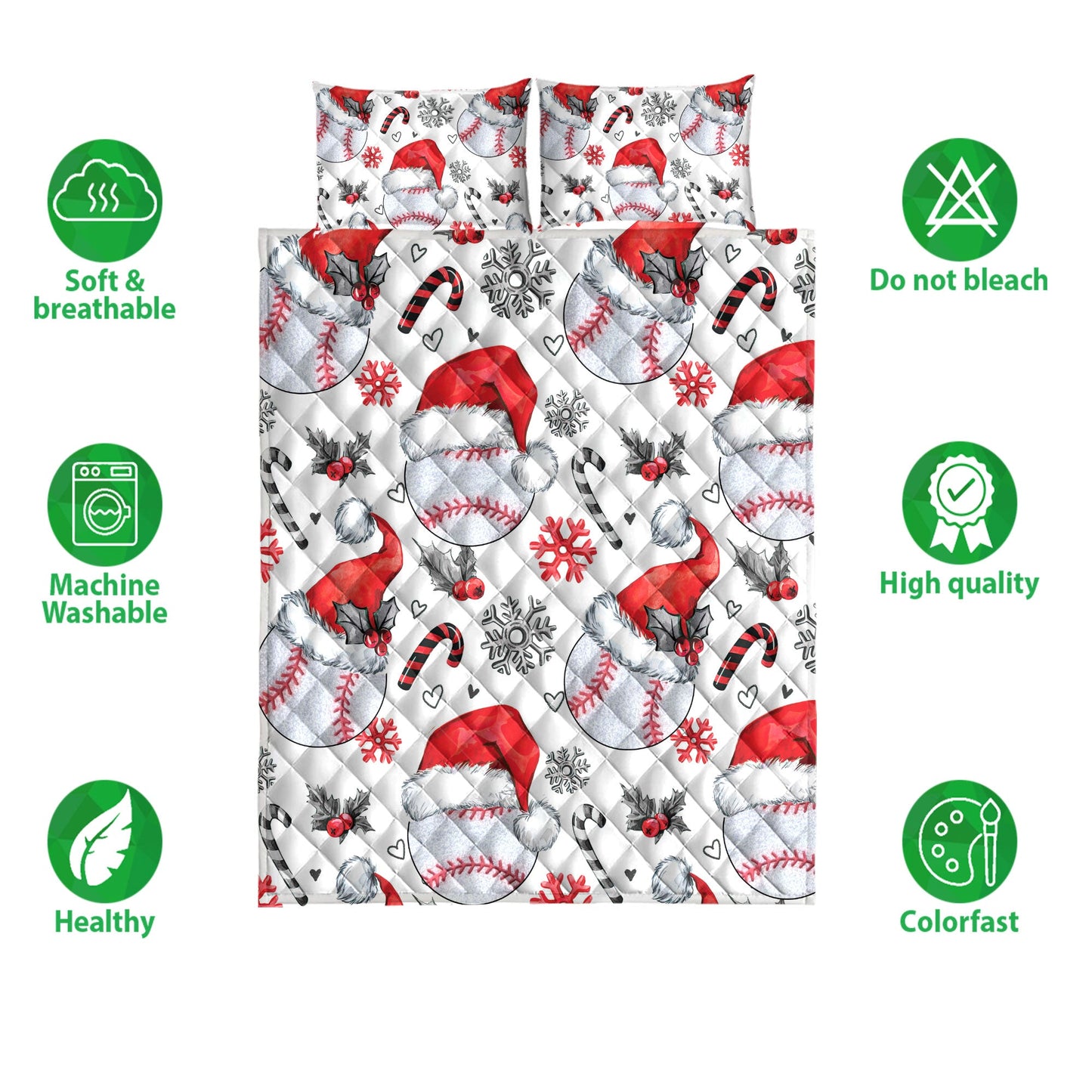 Baseball Quilt Set, Baseballmas Hat With Snowflake Candy Quilt Blanket With Pillowcases, Quilt Bedding Set, Christmas Gift, Sports Gifts