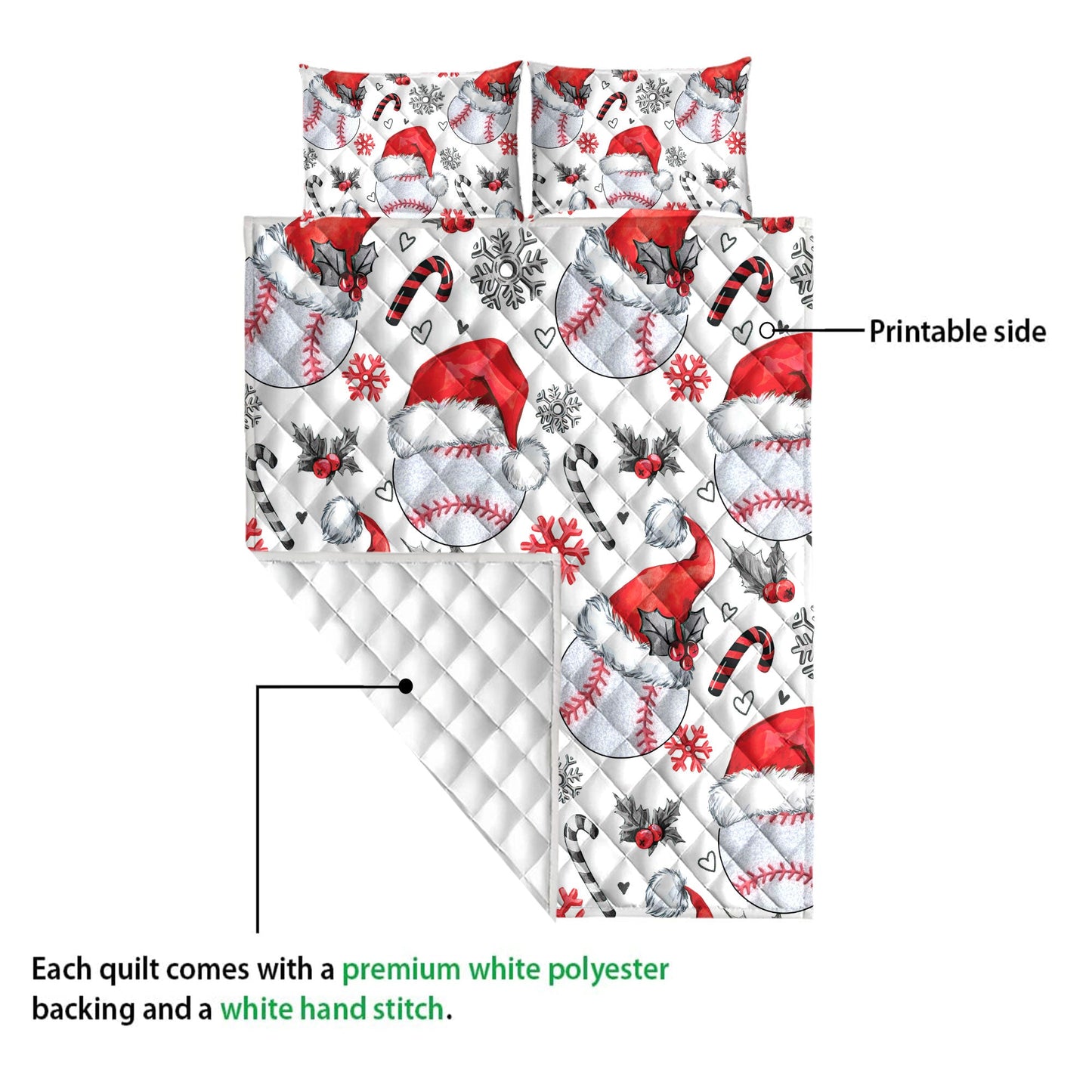 Baseball Quilt Set, Baseballmas Hat With Snowflake Candy Quilt Blanket With Pillowcases, Quilt Bedding Set, Christmas Gift, Sports Gifts