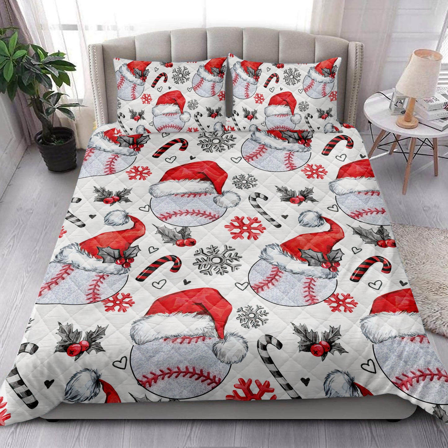 Baseball Quilt Set, Baseballmas Hat With Snowflake Candy Quilt Blanket With Pillowcases, Quilt Bedding Set, Christmas Gift, Sports Gifts