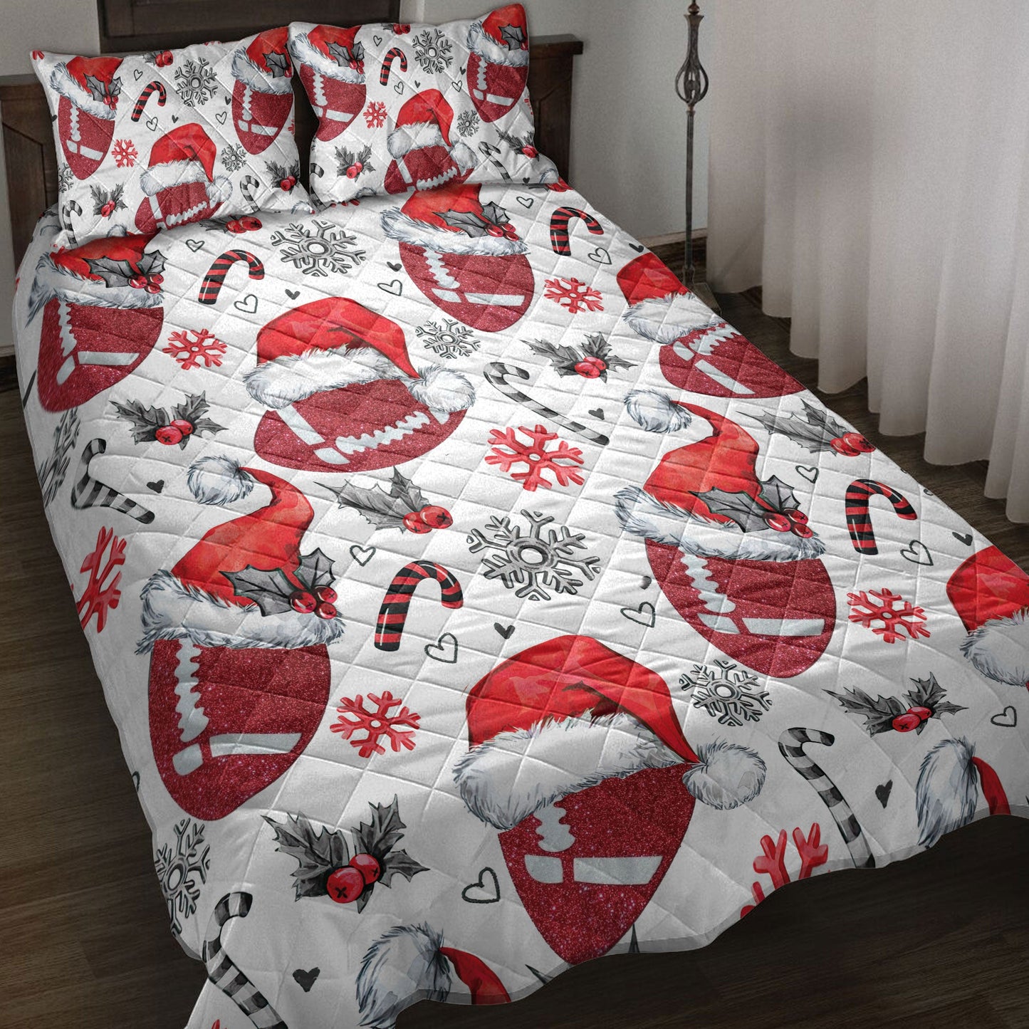 Football Quilt Set, Footballmas Hat With Snowflake Candy Quilt Blanket With Pillowcases, Quilt Bedding Set, Christmas Gift