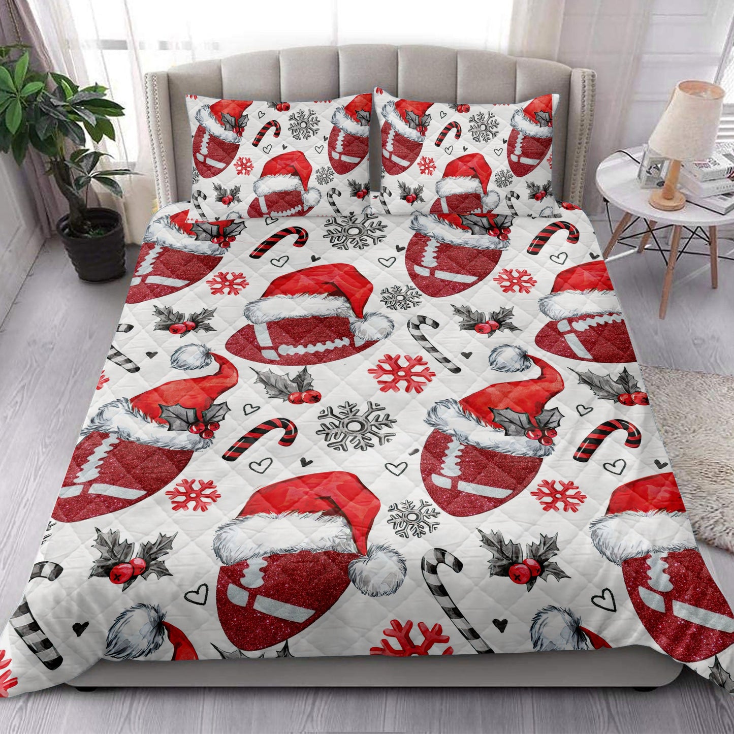 Football Quilt Set, Footballmas Hat With Snowflake Candy Quilt Blanket With Pillowcases, Quilt Bedding Set, Christmas Gift