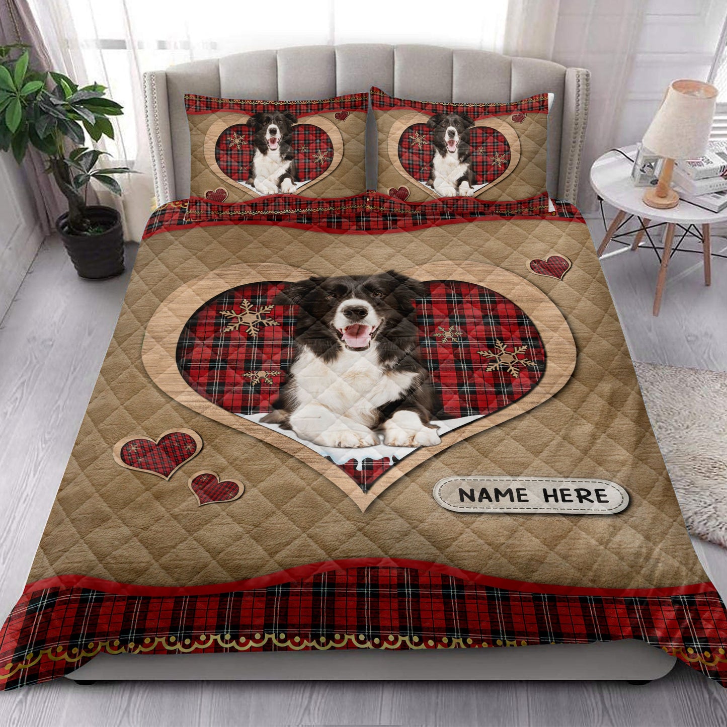 Personalized Border Collie Quilt Set, Border Colliemas Heart Red Plaid Quilt Blanket With Pillowcases, Custom Name Quilt Bedding Set, Christmas Gift