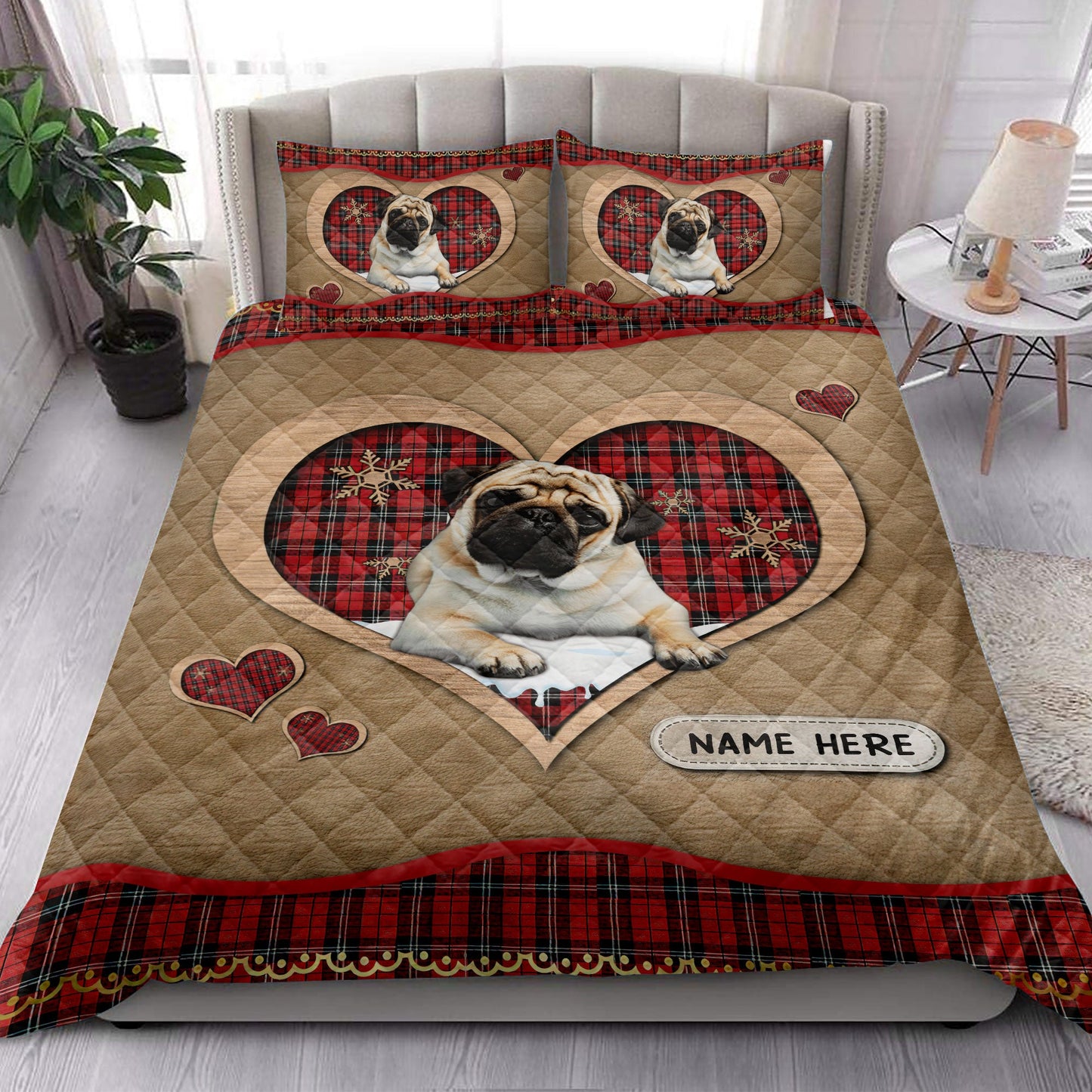 Personalized Pug Quilt Set, Pugmas Heart Red Plaid Quilt Blanket With Pillowcases, Custom Name Quilt Bedding Set, Christmas Gift
